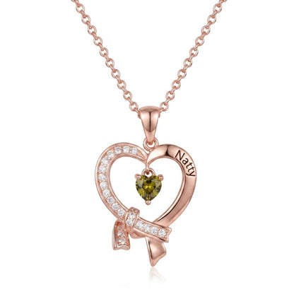 Personalized Heart Ribbon Necklace with Engraved Name and Birthstone