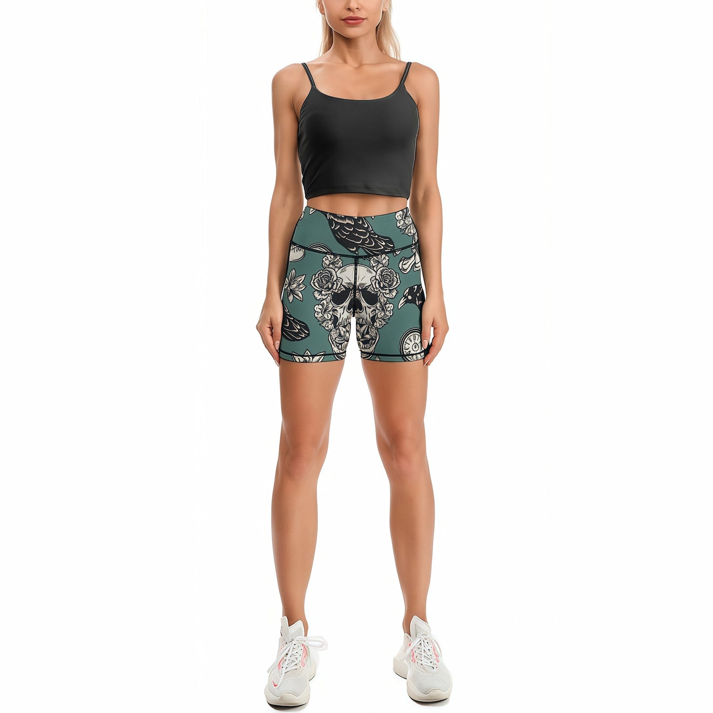Personalized high waisted biker shorts front view for custom fitness outfits.