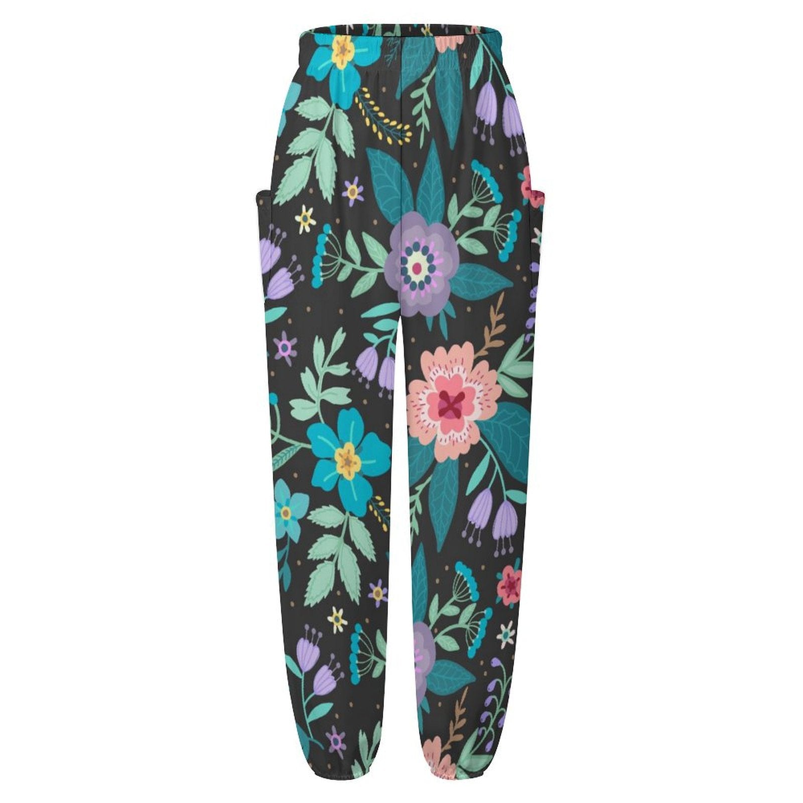 Personalized hippie yoga pants flat lay front view; custom floral pattern.