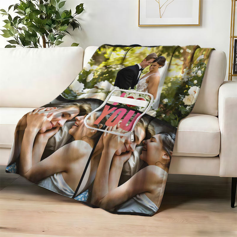 Personalized wedding photo blanket folded as a pillow.