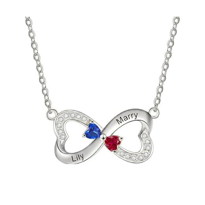 Personalized Infinity Double Heart Necklace with Two Names and Birthstones