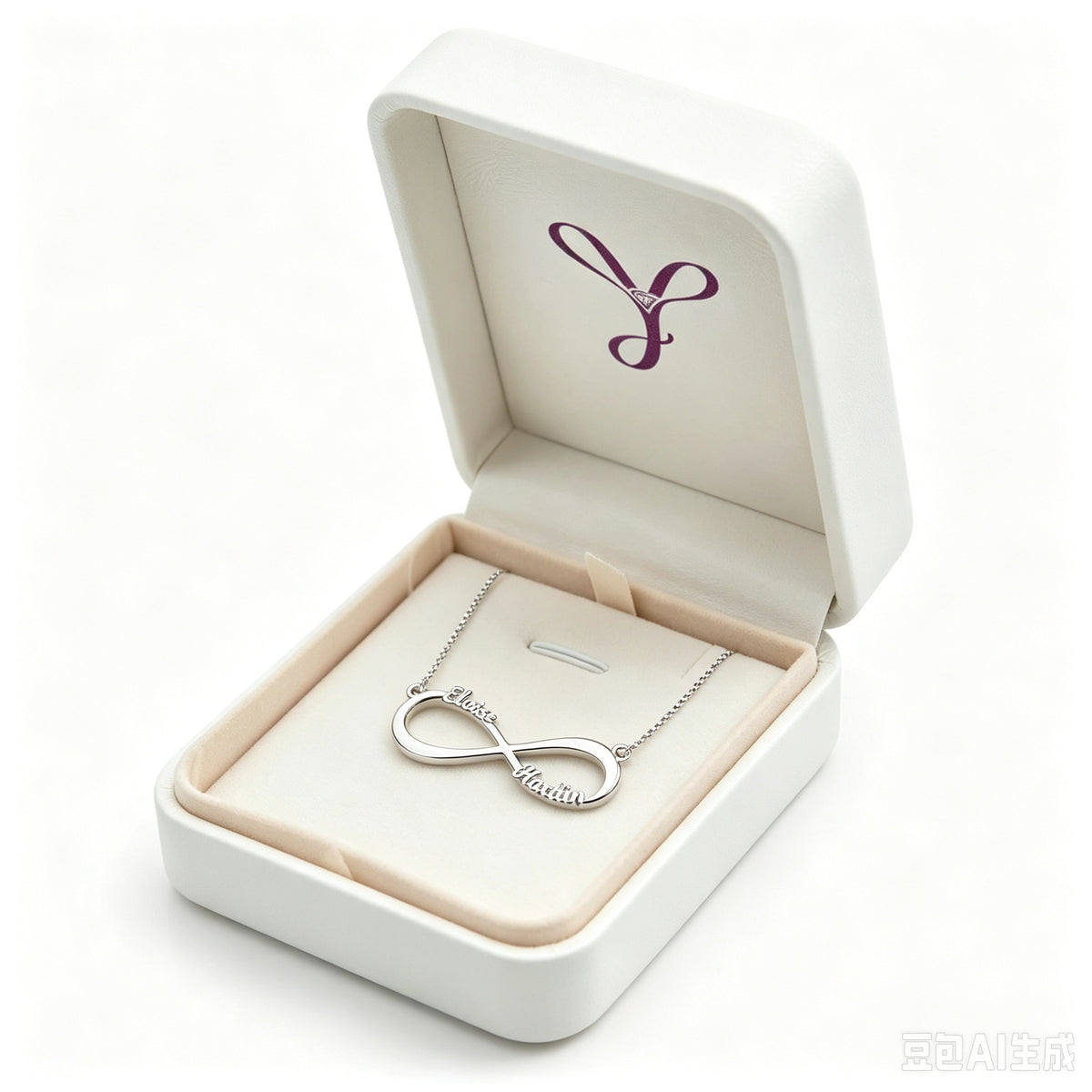 Close-up of silver infinity necklace with custom text.