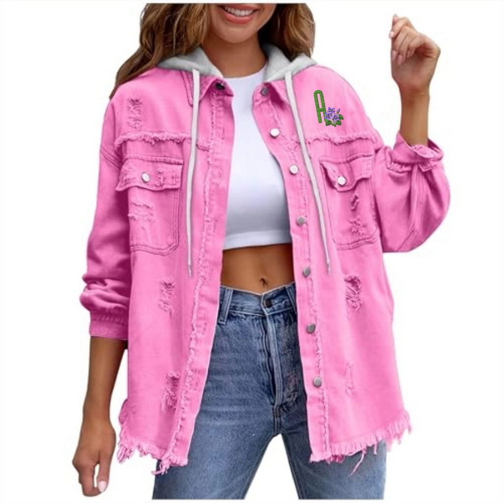 Pink women's hooded denim jacket with personalized initial and birth flower
