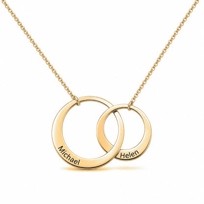 Personalized interlocking name rings necklace front view