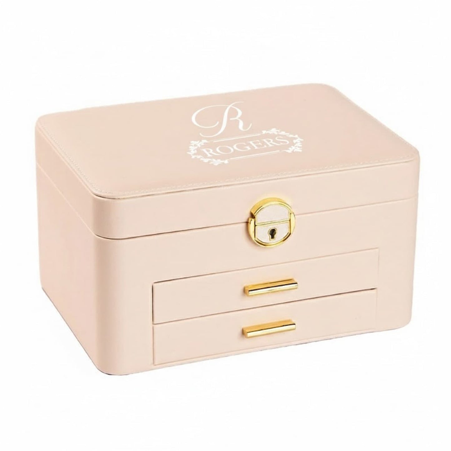 Two-tier, two-drawer jewelry chest in faux leather, customized with a family name and monogram.