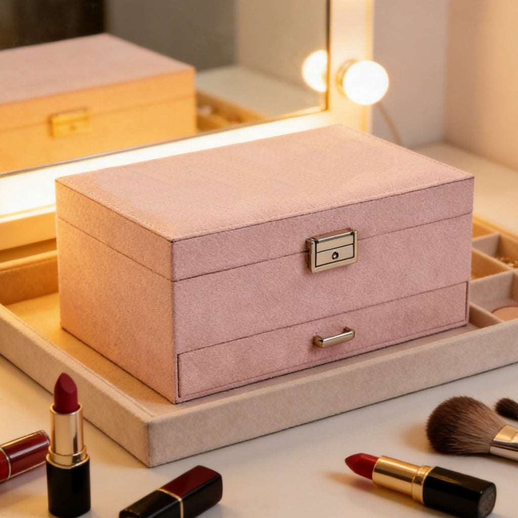 Personalized dusty pink suede jewelry box with drawers