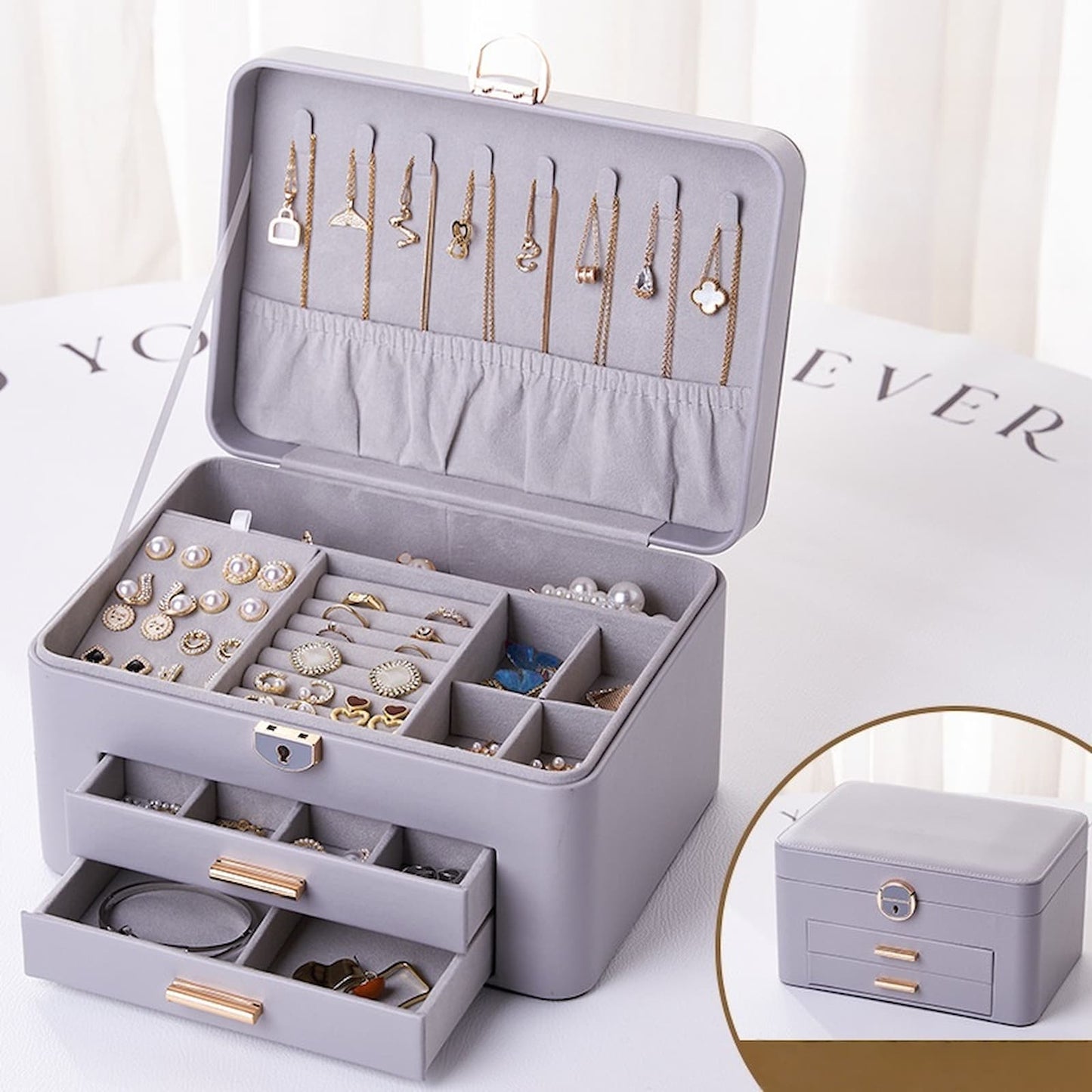 Personalized grey leather jewelry box with drawers