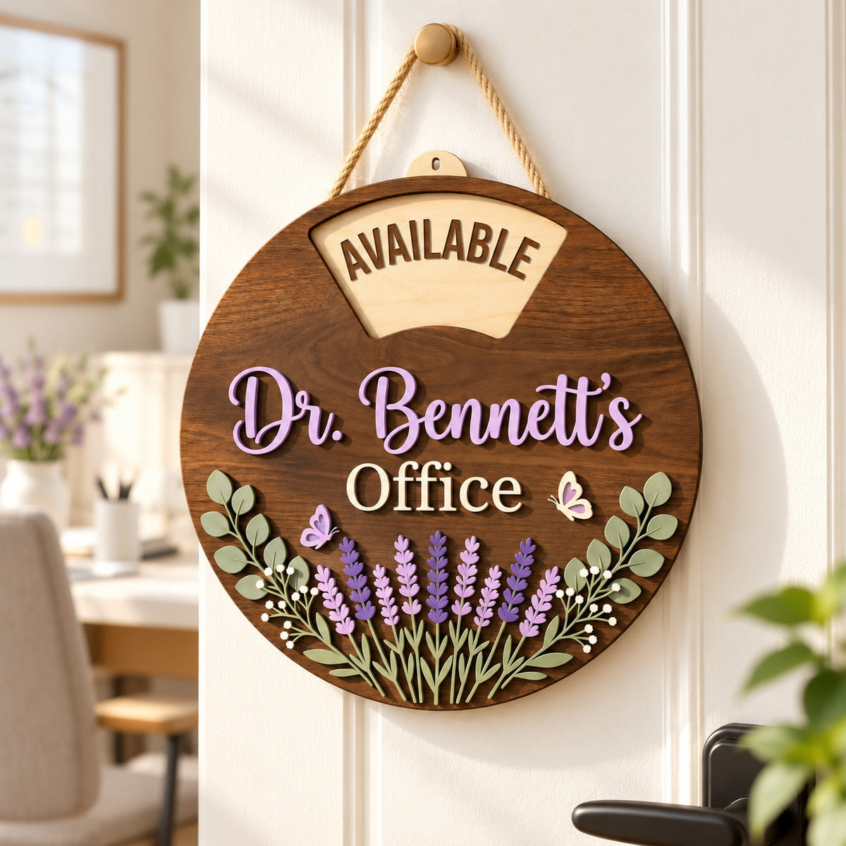Lavender office door sign with Dr. Bennett?s name and Available message hanging on a door