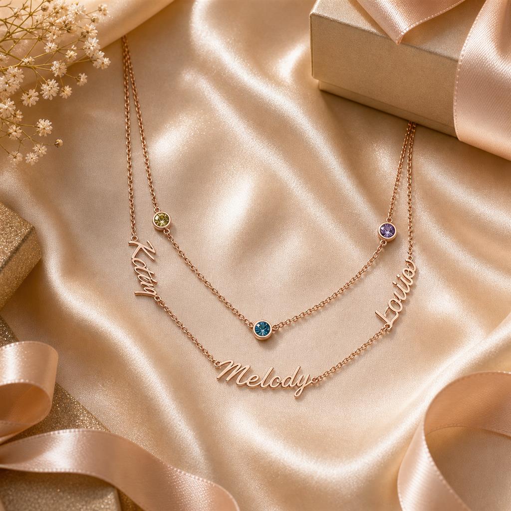 Layered birthstone necklace in a gift scene