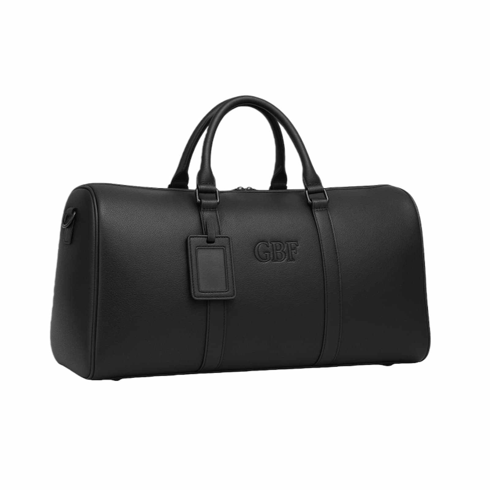 Luxurious personalized black leather duffle bag with embossed custom monogram for men or women.
