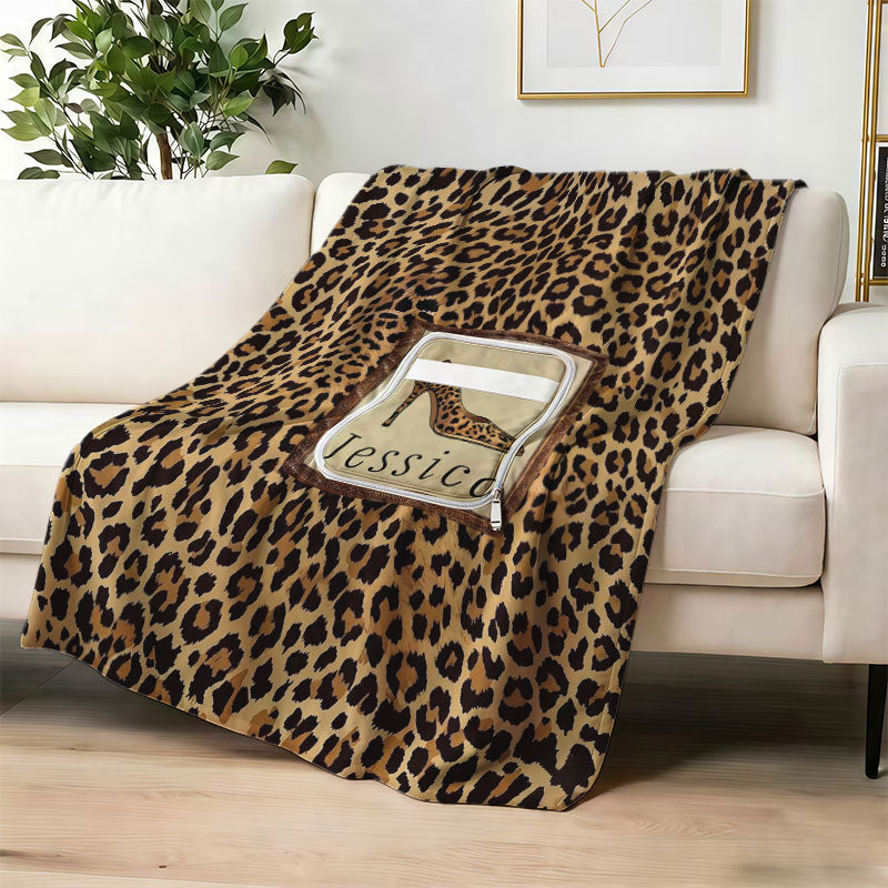 Custom leopard high heel blanket for Jessica on sofa.