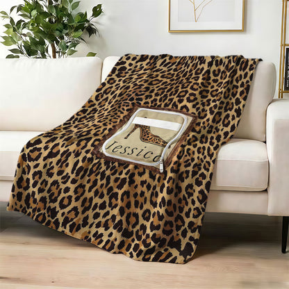 Custom leopard high heel blanket for Jessica on sofa.