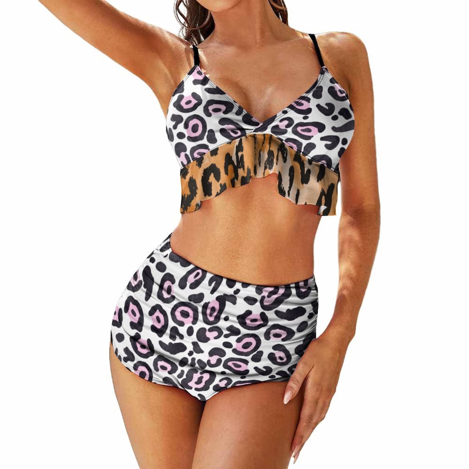 Personalized Leopard Print Ruffled Top High Waisted Bikini. Two-piece set, flattering tummy control fit.