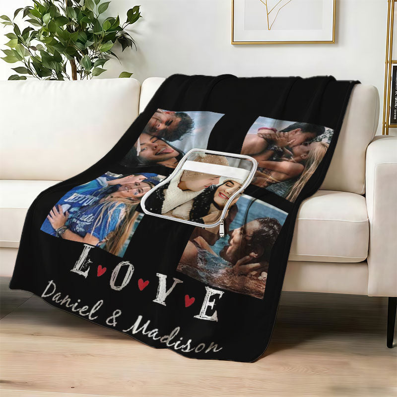 Custom LOVE photo collage blanket on a white sofa.