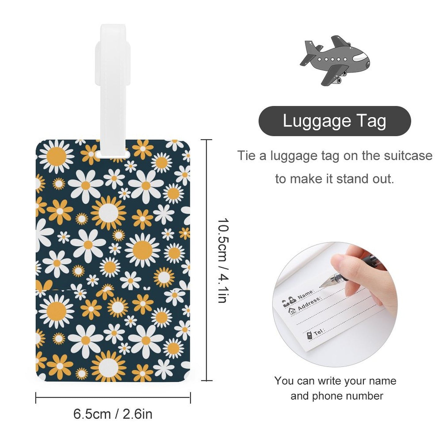 Personalized Luggage Tag size 10.5cm x 6.5cm with fillable travel info card.