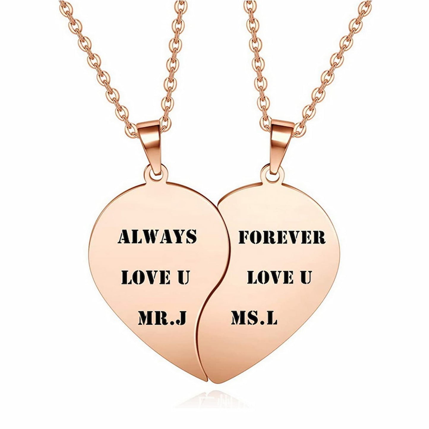 Close-up of personalized matching split heart BFF pendants, ready to wear on chains.