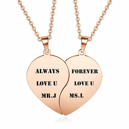 Close-up of personalized matching split heart BFF pendants, ready to wear on chains.