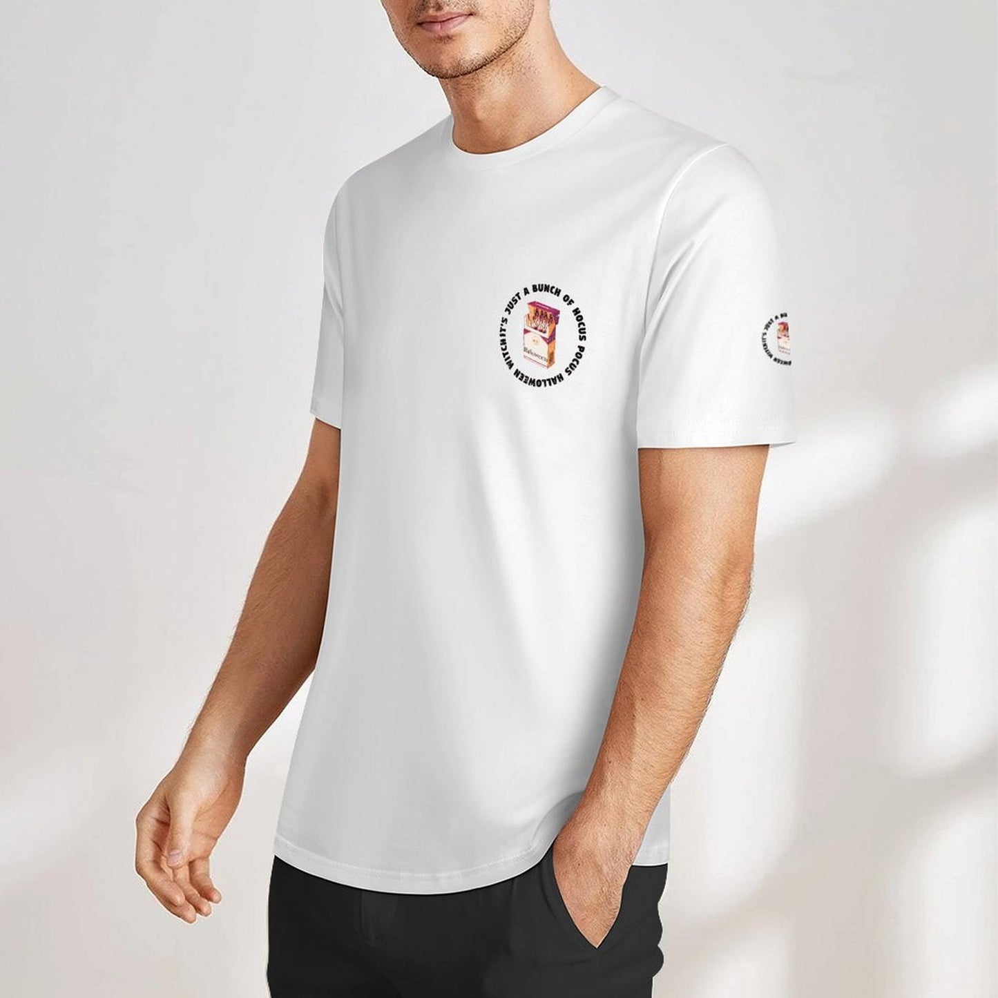 print-model	Personalized Crewneck Tee Sleeve Print Detail Model Side View.