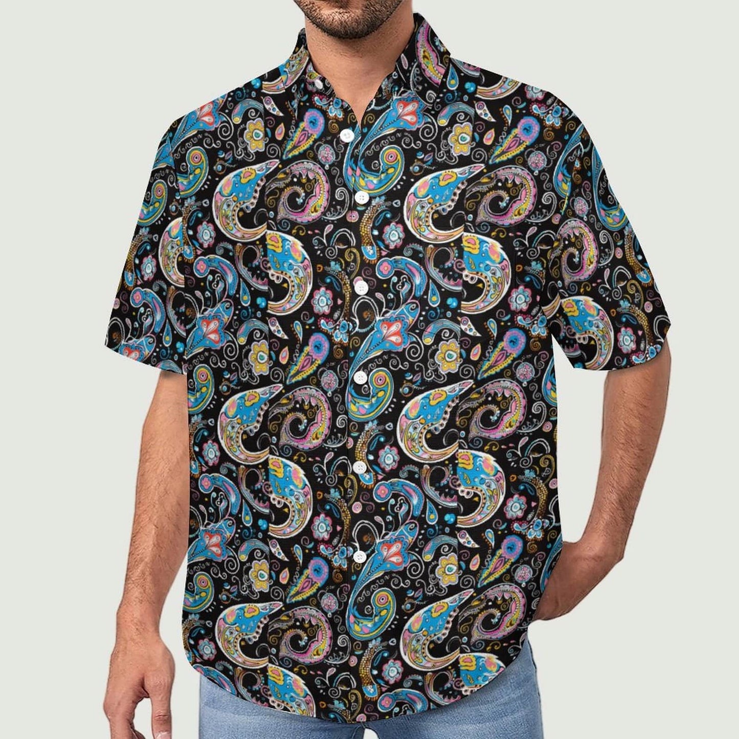 Personalized men's floral button down shirt for beach holiday, model view.