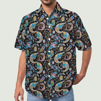 Personalized men's floral button down shirt for beach holiday, model view.