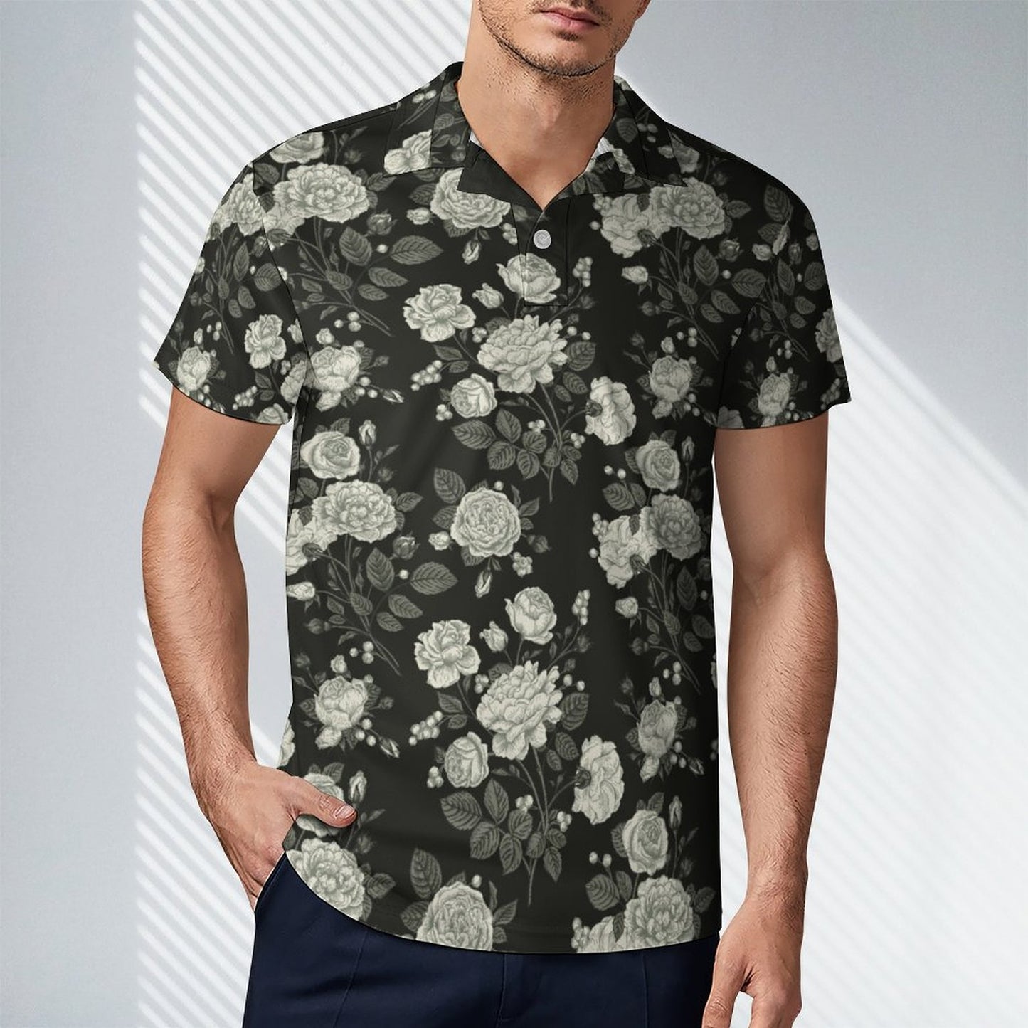 Personalized Men's Slim Fit Floral Short Sleeve Polo Shirt. Model portrait.