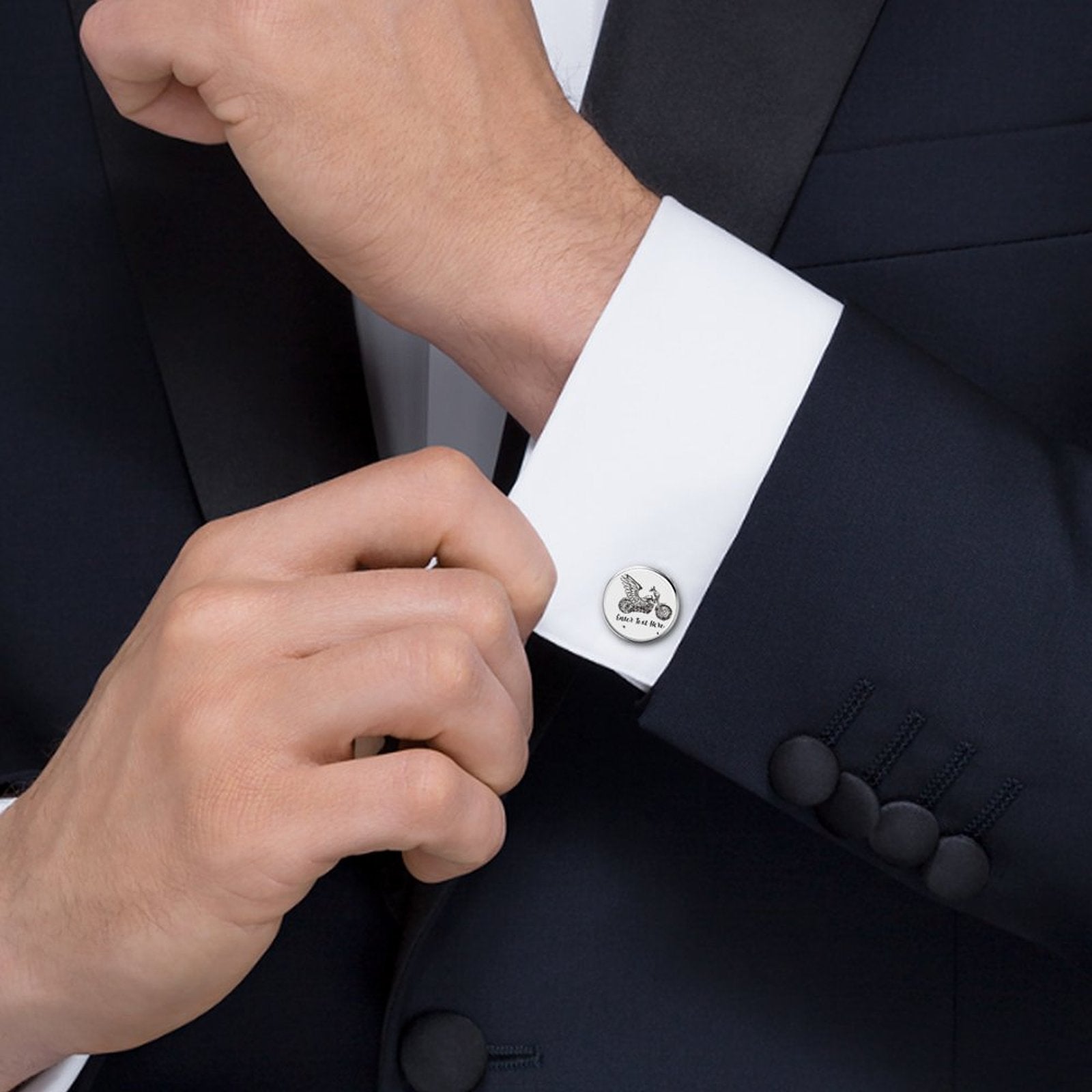 Personalized Metal Cufflinks with high polish surface detail.