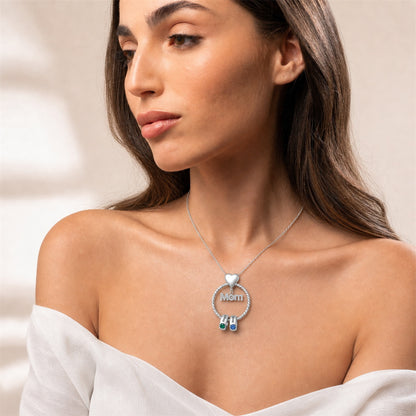Woman wearing personalized Mom birthstone necklace