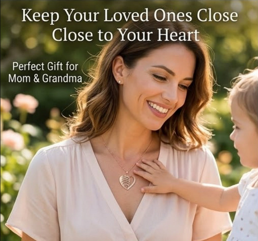 Woman wearing a personalized heart necklace with a child.