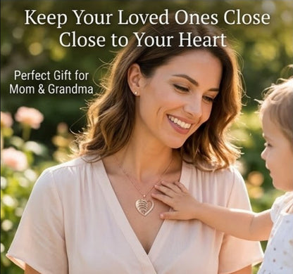 Woman wearing a personalized heart necklace with a child.