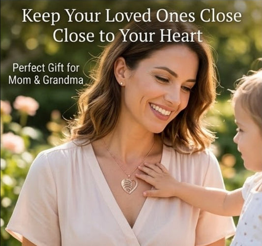 Woman wearing a personalized heart necklace with a child.