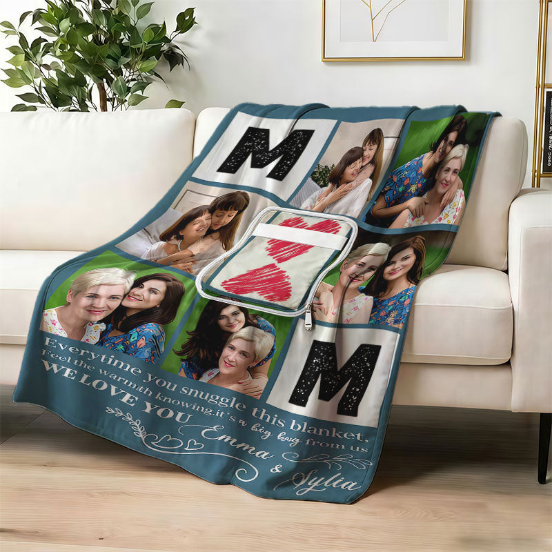 Personalized mom photo collage blanket on a white sofa.