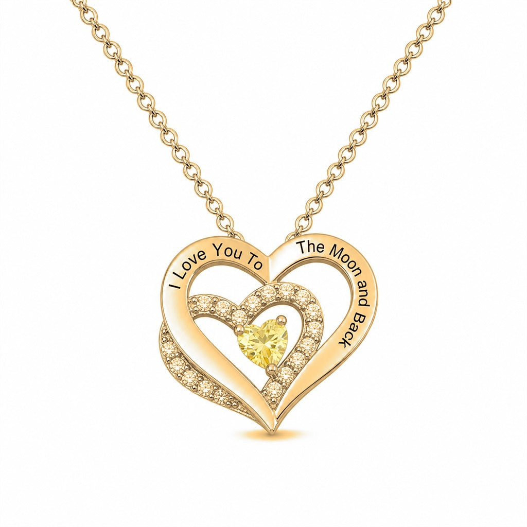 Personalized moon and back heart necklace front view