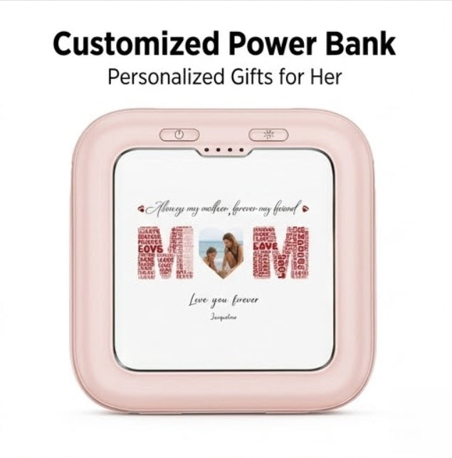 Personalized photo power bank for mom with heart design.