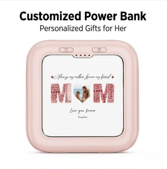Personalized photo power bank for mom with heart design.