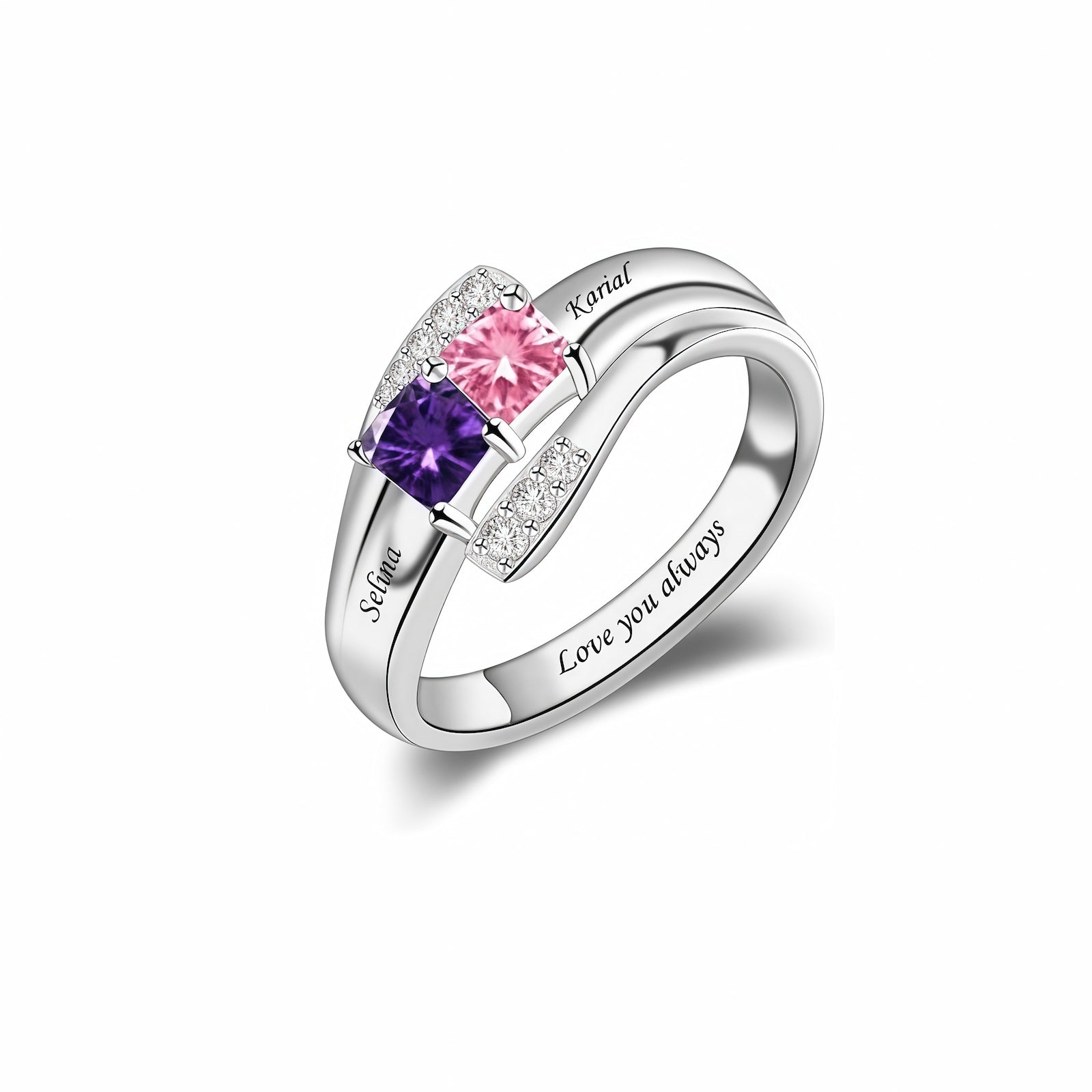 Silver personalized mother's ring with 2 simulated birthstones, names Selina and Karial.