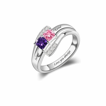 Silver personalized mother's ring with 2 simulated birthstones, names Selina and Karial.