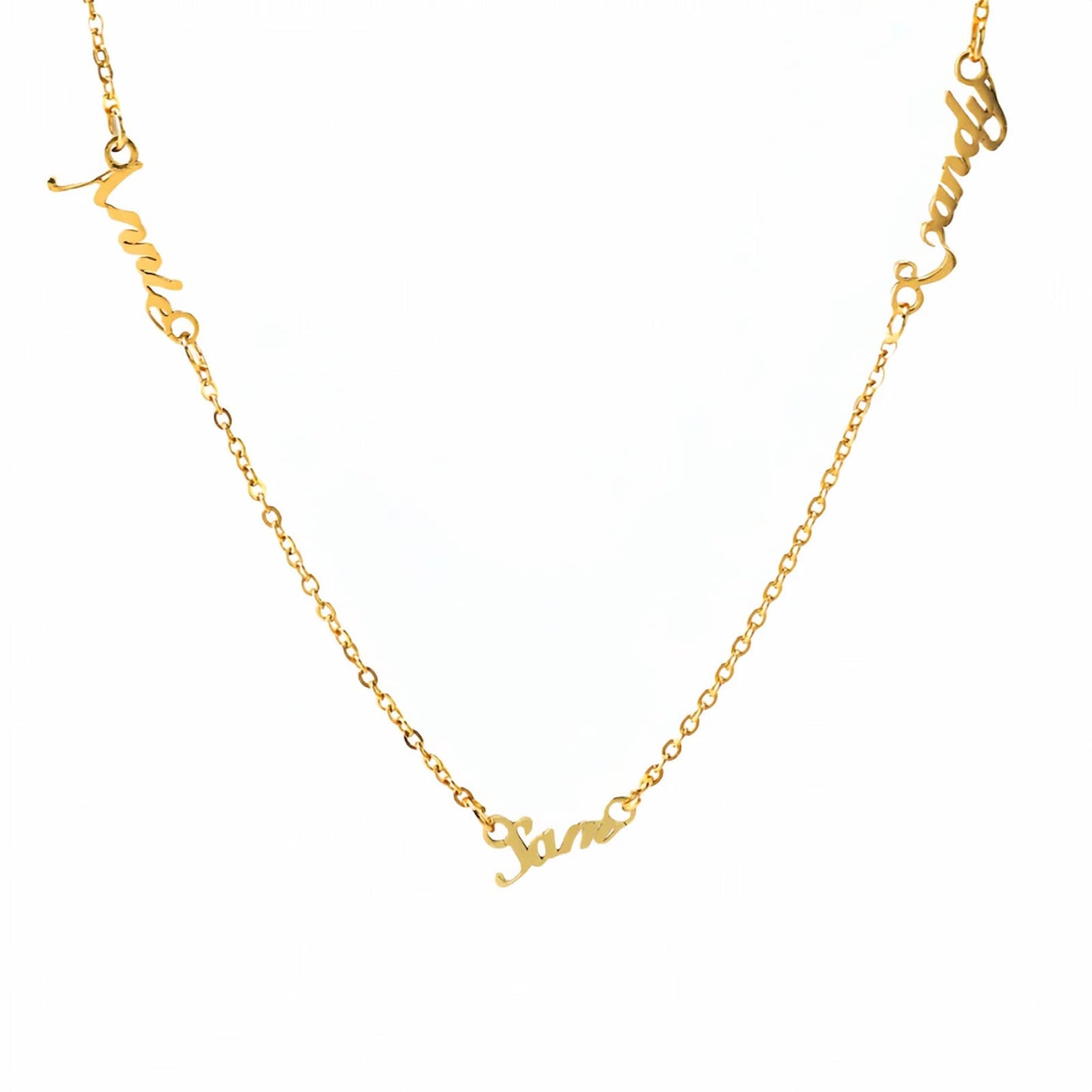 A personalized multiple name necklace in gold, showing three custom names, perfect as a custom family gift. 