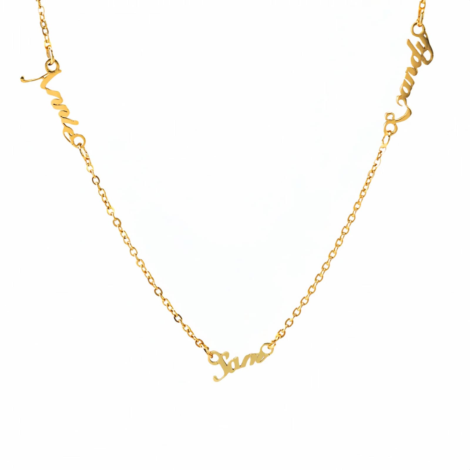 A personalized multiple name necklace in gold, showing three custom names, perfect as a custom family gift. 