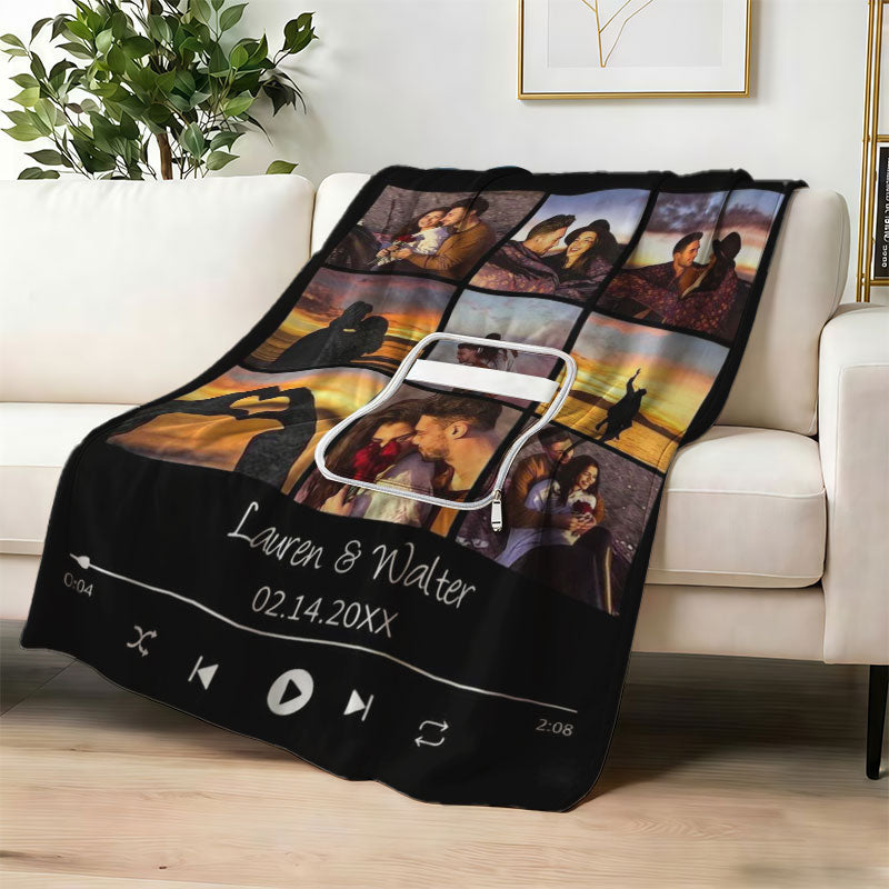 Custom music player photo collage blanket on sofa.