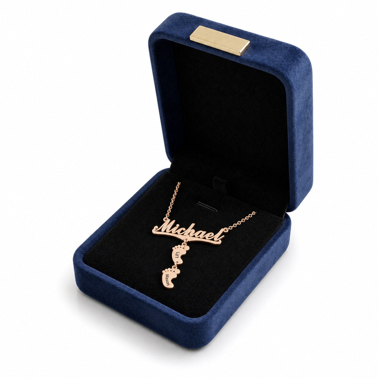 Name baby feet necklace in a gift box