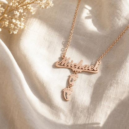 Name baby feet necklace on silk