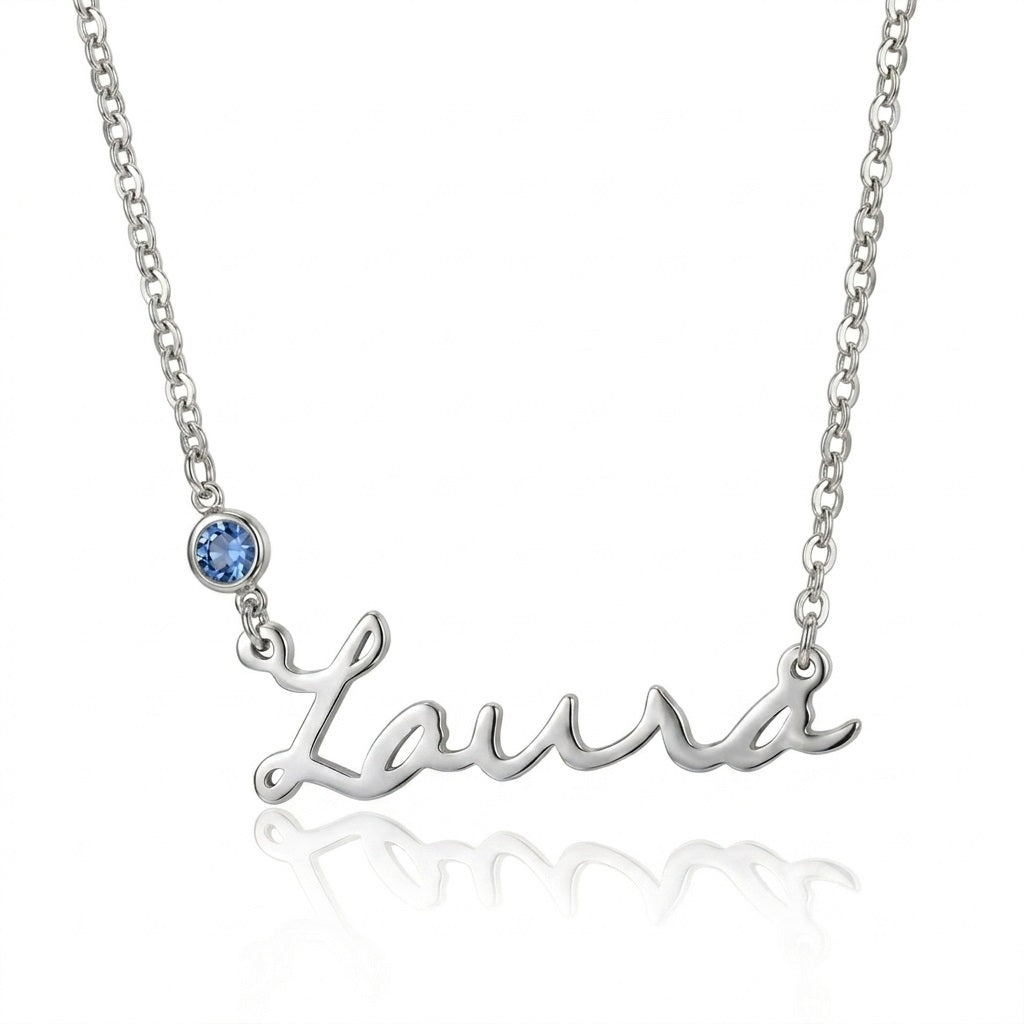 Personalized name birthstone necklace front view