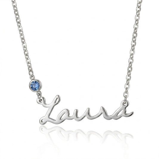 Personalized name birthstone necklace front view