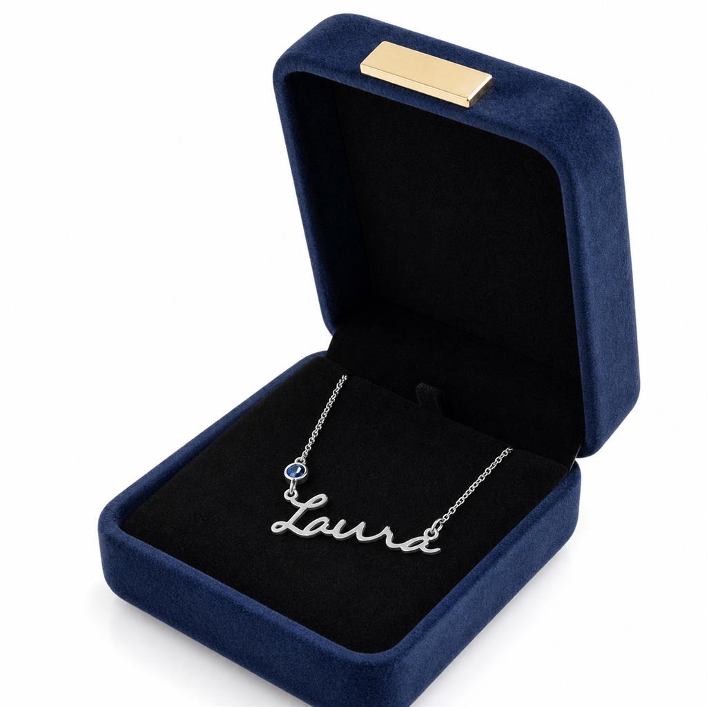 Name birthstone necklace in a gift box