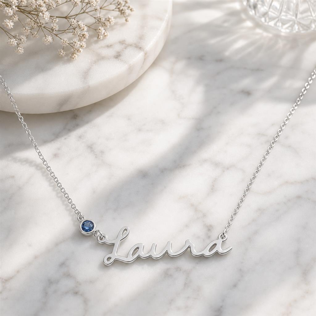 Personalized name necklace on marble