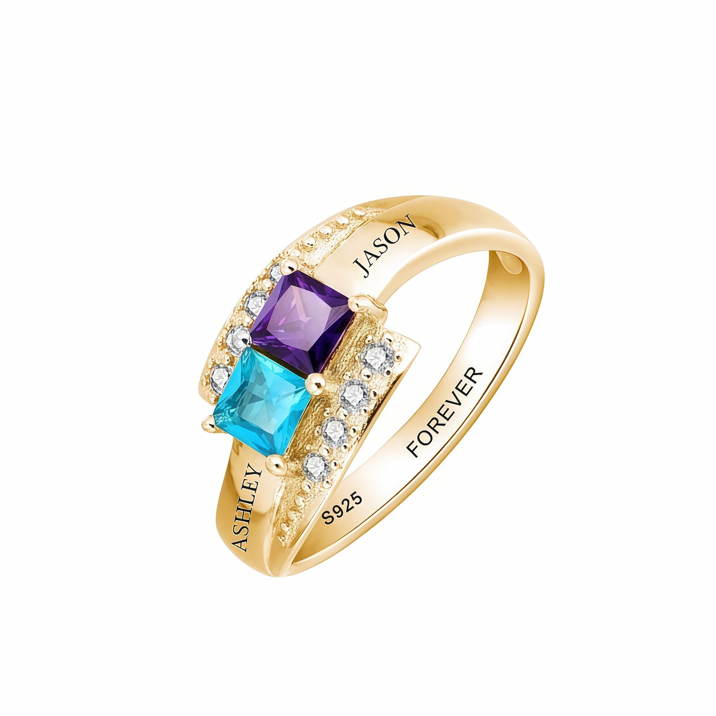 Personalized Double Birthstone Name Ring - Sterling Silver & Custom Engraving for Women