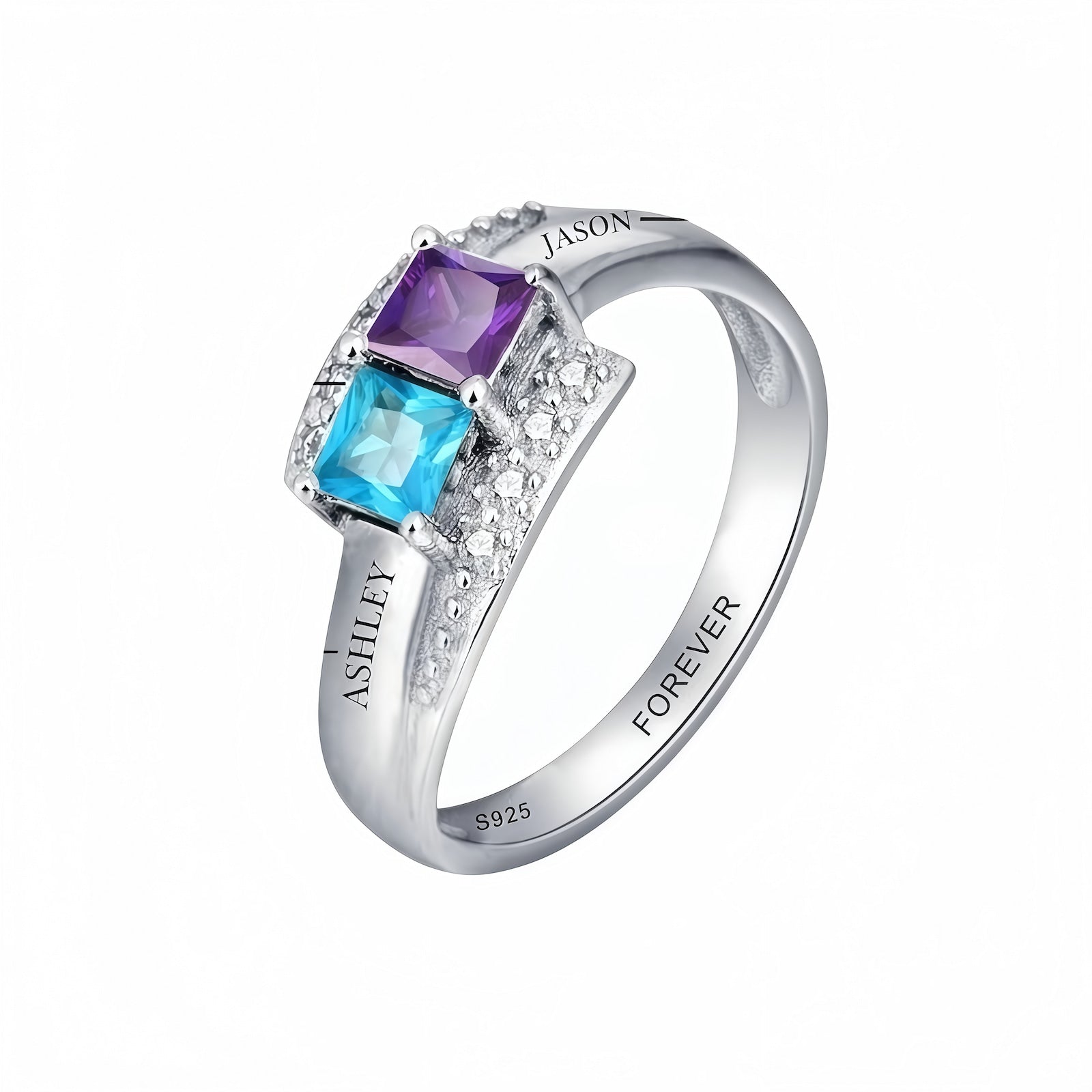 Personalized Sterling Silver Name Ring for Women, Blue & Purple Birthstones.
