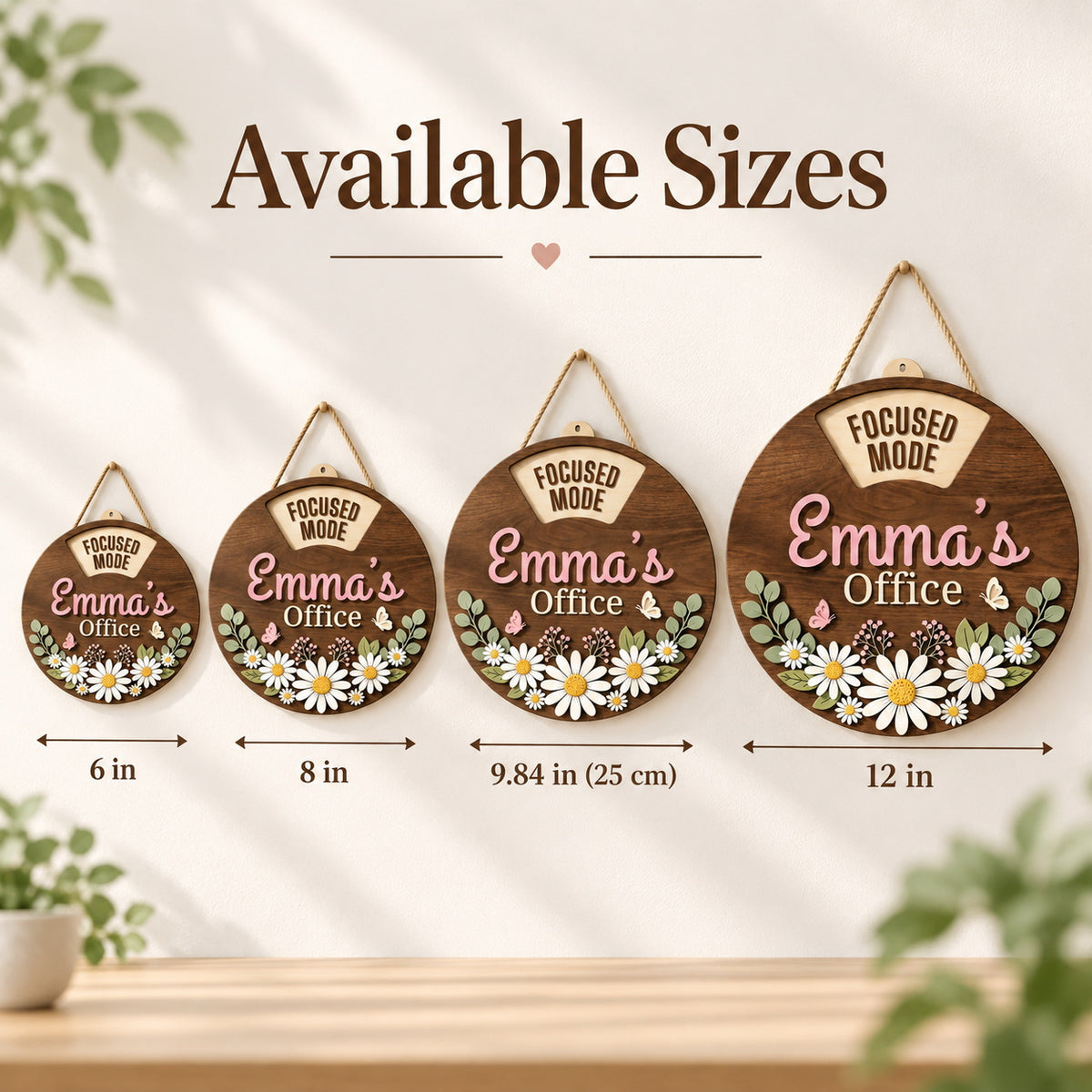 Floral office door sign size options: 6 in, 8 in, 9.84 in and 12 in