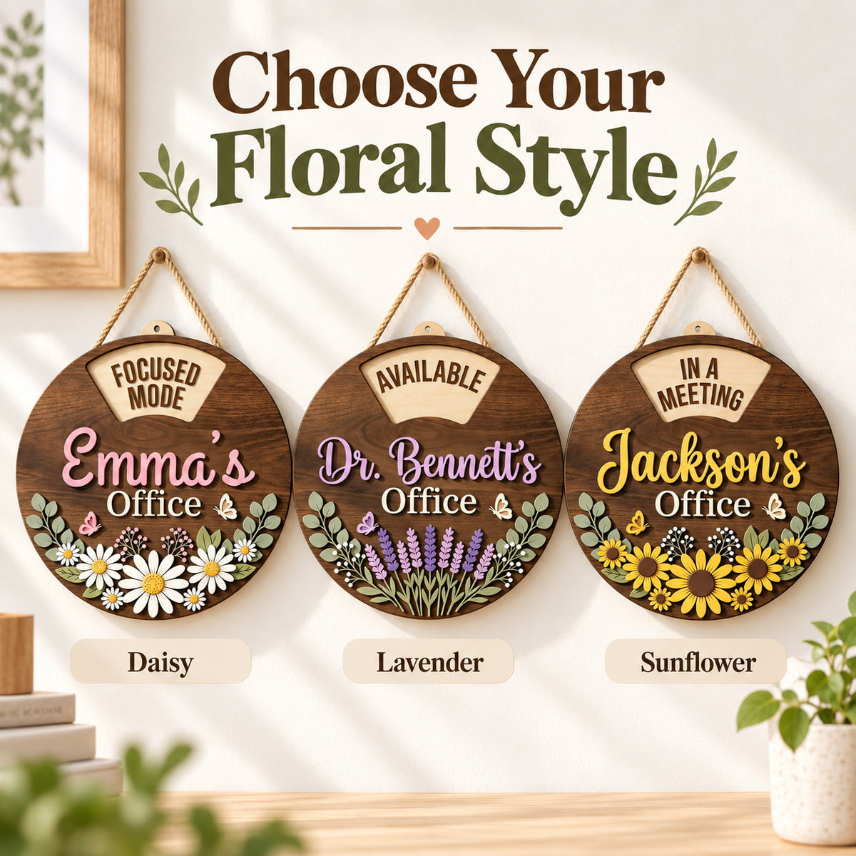 Personalized office signs in daisy, lavender and sunflower floral styles