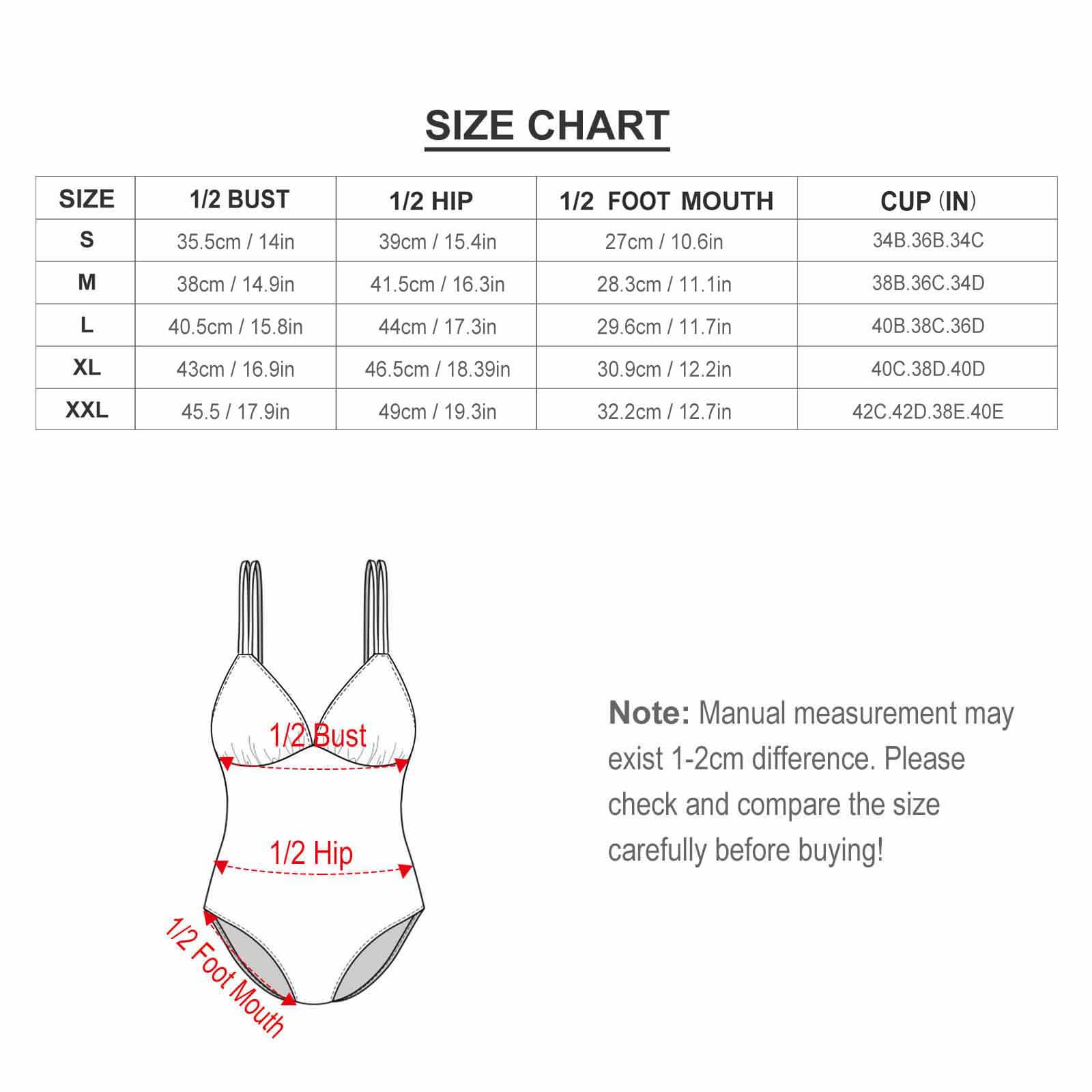 Size Chart for Women's Personalized Printed One Piece Swimsuit / Bathing Suit.